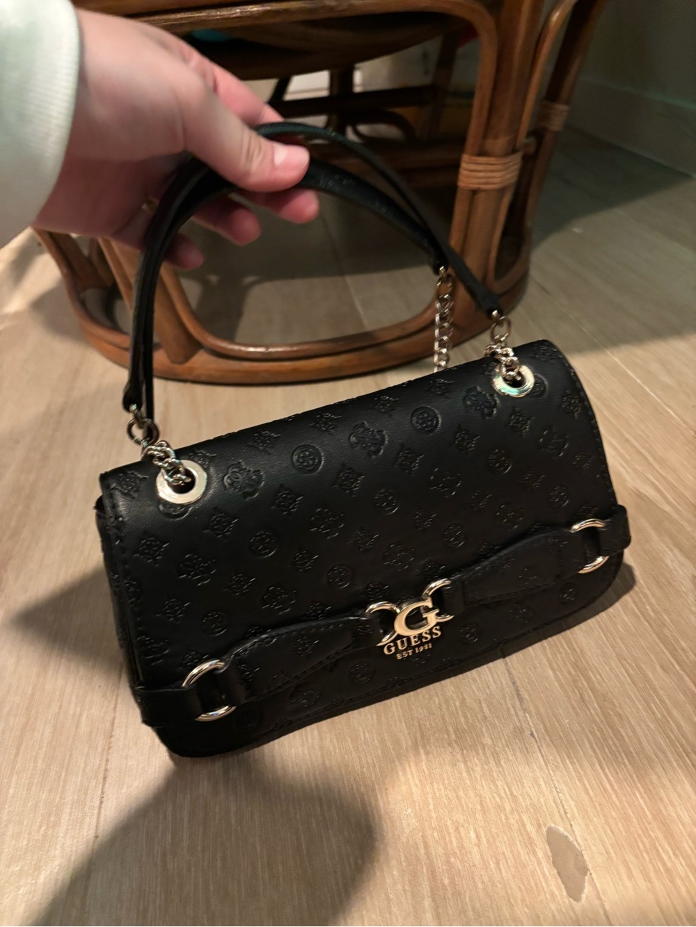 Guess Black Embossed Logo Shoulder Bag with Gold Hardware